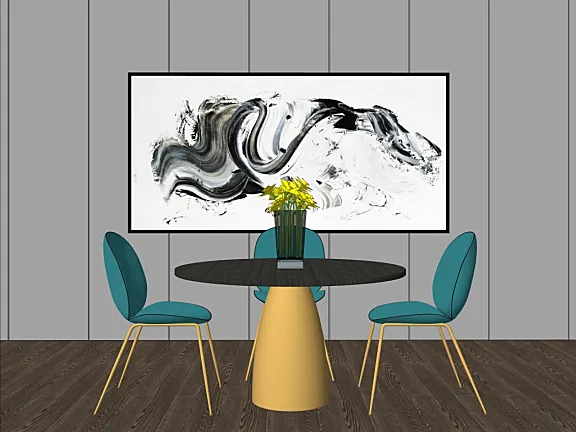 现代轻奢风格贝壳椅圆桌挂画餐厅SU模型SketchUp草图大师