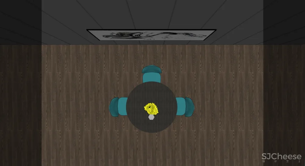 现代轻奢风格贝壳椅圆桌挂画餐厅SU模型SketchUp草图大师