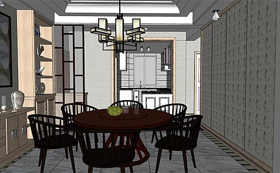 新中式风格中式厨房餐厅SU模型SketchUp草图大师