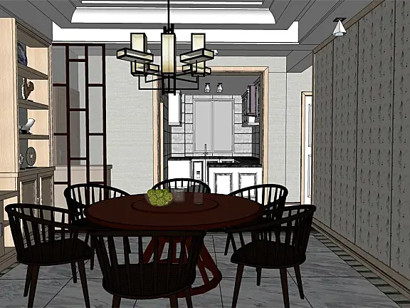 新中式风格中式厨房餐厅SU模型SketchUp草图大师