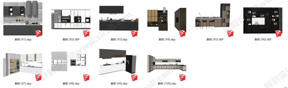 不会设计橱柜?看完这100个住宅餐厅餐饮空间橱柜餐边柜SU模型-SKP丨889M