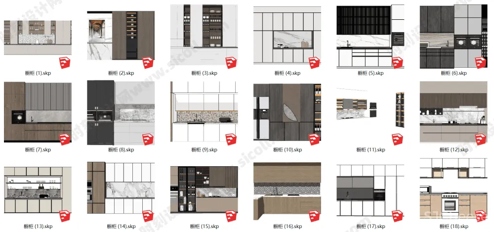不会设计橱柜?看完这100个住宅餐厅餐饮空间橱柜餐边柜SU模型-SKP丨889M