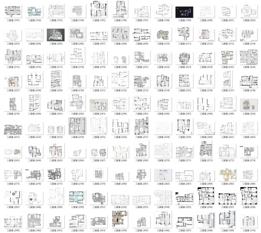 家装公寓三居室平面布局规划方案图合集丨670张JPG丨187M