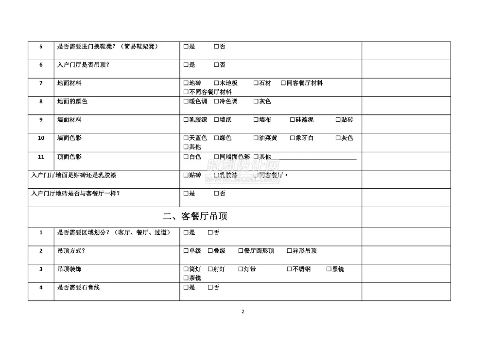 客户生活习惯设计需求调查表附方案确认单丨装修客户需求表丨共2个docx格式丨90K