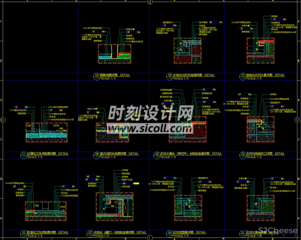 九大类CAD节点大样图合集丨施工图工艺节点天地墙石材铝板包柱子玻璃防火木门隔墙固定家具卫生间台上台下盆变形缝丨19.2M