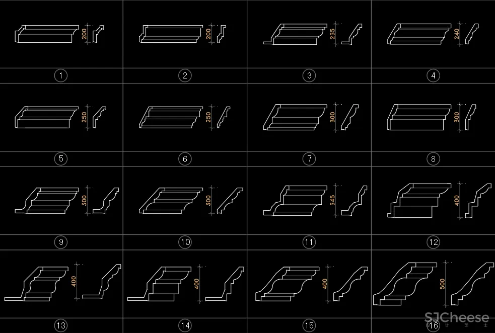 石膏线护墙板踢脚线天花线条CAD合集+参考高清图片大全专辑
