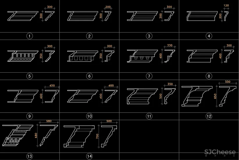 石膏线护墙板踢脚线天花线条CAD合集+参考高清图片大全专辑