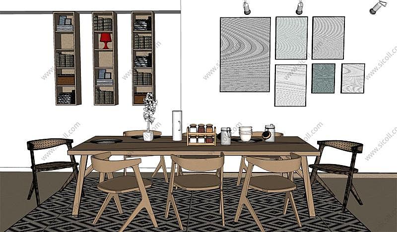 简约原木北欧现代小清新文艺风格餐厅SU模型SketchUp草图大师