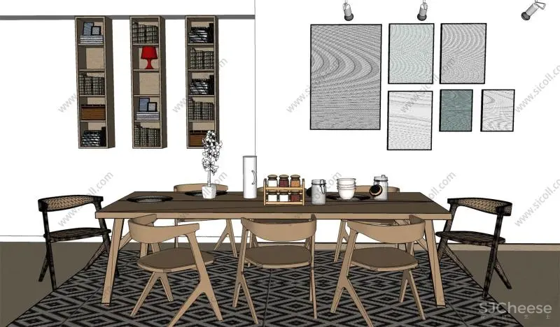 简约原木北欧现代小清新文艺风格餐厅SU模型SketchUp草图大师