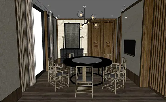 现代简约新中式风格餐厅SU模型SketchUp草图大师