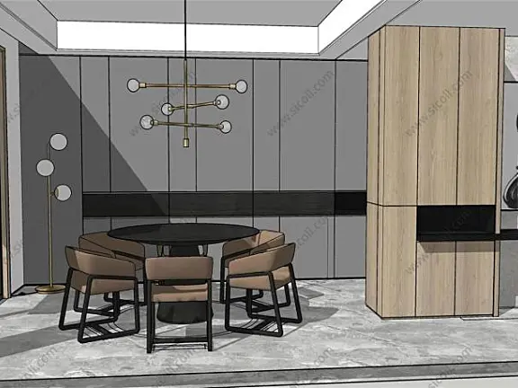 简约现代金属风格餐厅SU模型SketchUp草图大师
