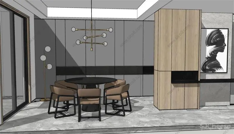 简约现代金属风格餐厅SU模型SketchUp草图大师