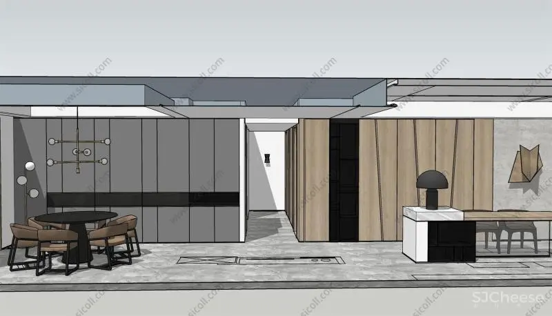 简约现代金属风格餐厅SU模型SketchUp草图大师