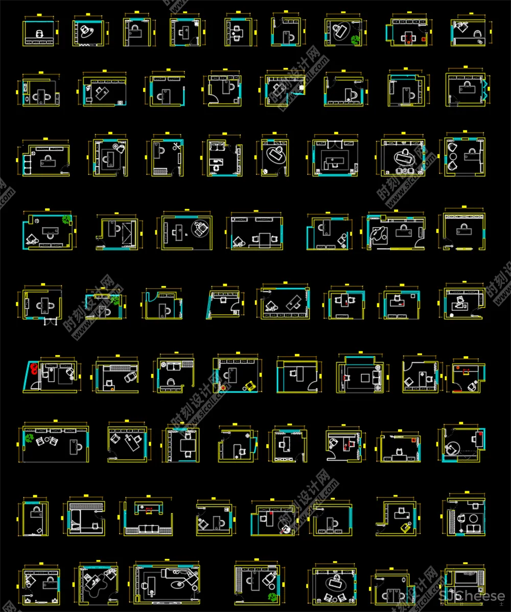 500套家装平面布局CAD模块合集客厅书房卧室厨房卫生间丨DWG丨10.7M