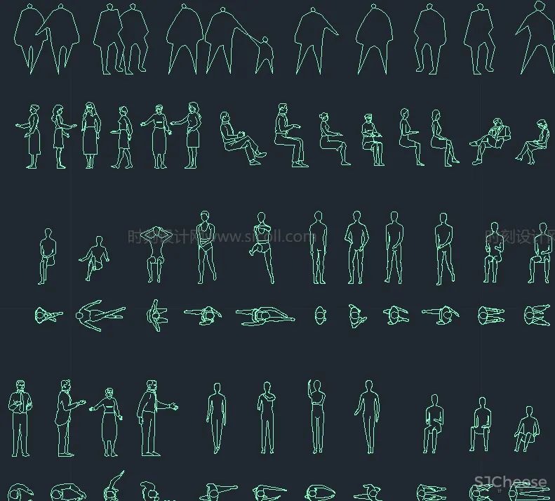 精选平立面5000个人物CAD图库丨运动办公男女老人小孩站立坐姿人物CAD图块大全丨32.3M