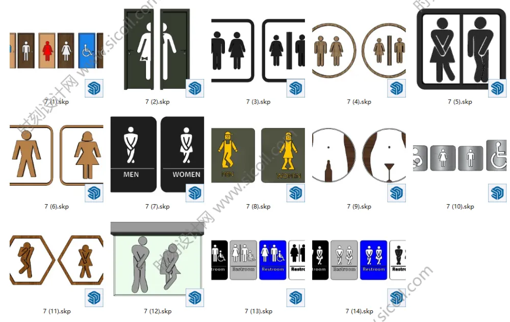 卫生间标识牌SU模型图片图标合集丨草图大师室内商场公共厕所洗手间导向指示牌丨SKP+JPG+PNG丨88.5M