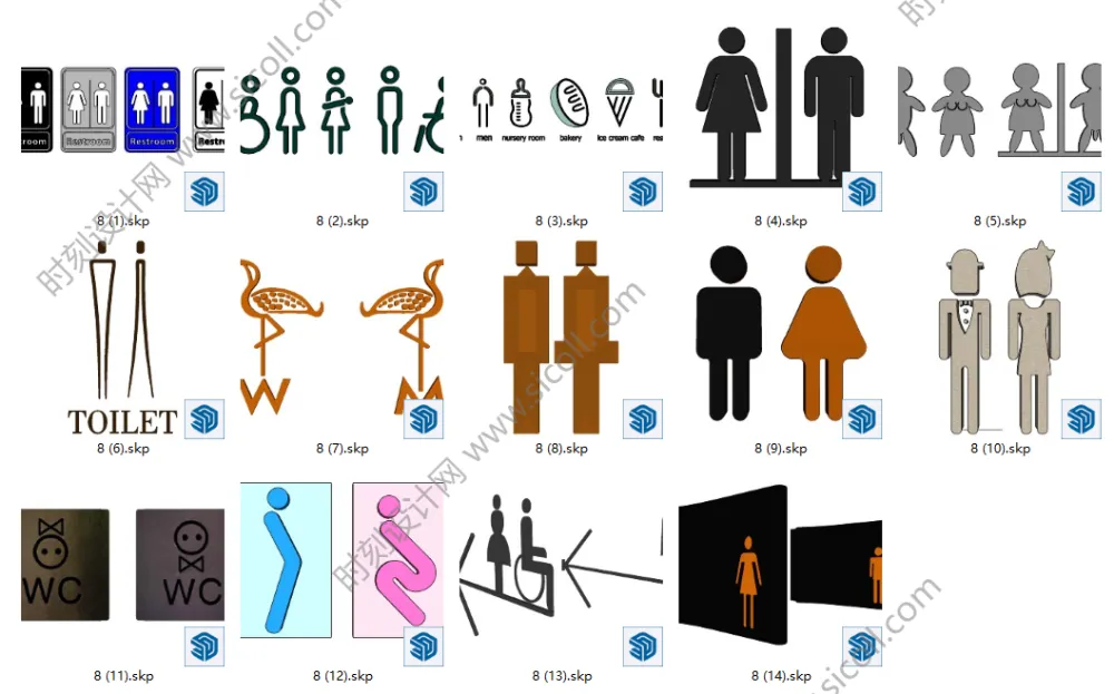 卫生间标识牌SU模型图片图标合集丨草图大师室内商场公共厕所洗手间导向指示牌丨SKP+JPG+PNG丨88.5M