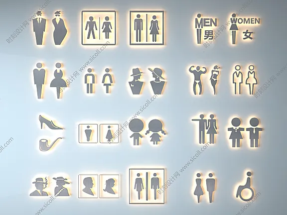 卫生间标识牌SU模型图片图标合集丨草图大师室内商场公共厕所洗手间导向指示牌丨SKP+JPG+PNG丨88.5M
