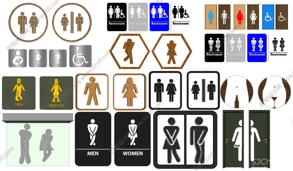 卫生间标识牌SU模型图片图标合集丨草图大师室内商场公共厕所洗手间导向指示牌丨SKP+JPG+PNG丨88.5M