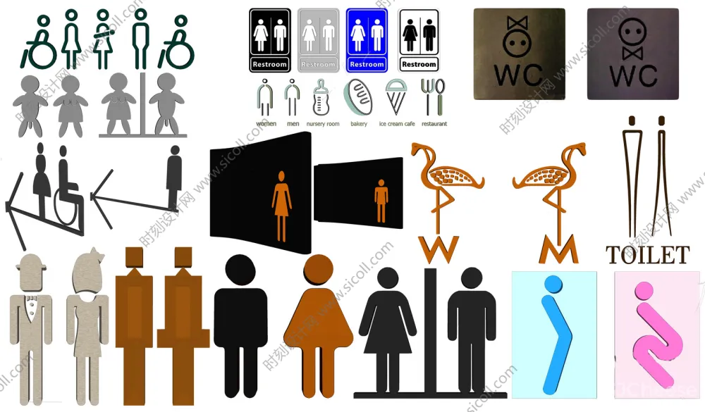 卫生间标识牌SU模型图片图标合集丨草图大师室内商场公共厕所洗手间导向指示牌丨SKP+JPG+PNG丨88.5M