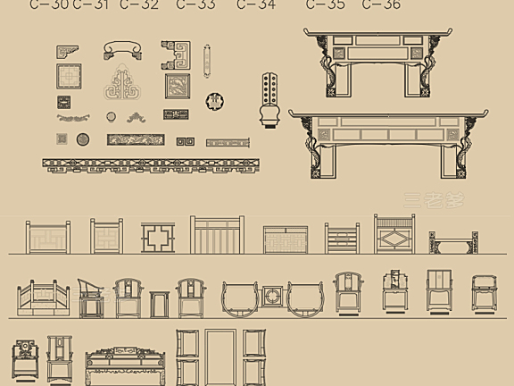 中式家具CAD图库图块柜子桌椅茶几条案节点线条图角线CAD素材丨DWG丨144M