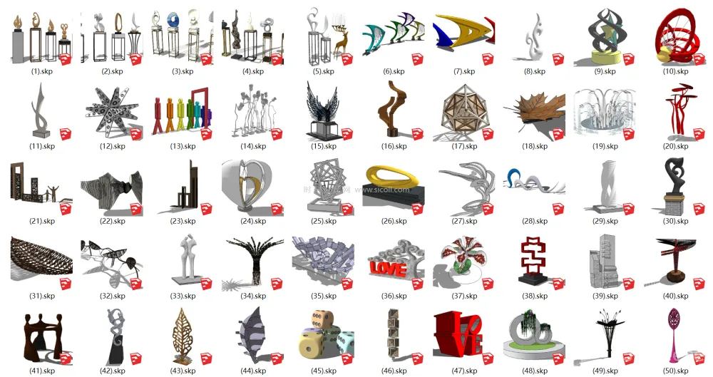 192个创意雕塑SU草图大师模型艺术小品中式石头石狮现代抽象雕塑丨SKP格式丨1.1G