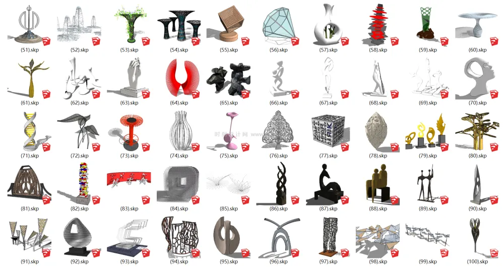 192个创意雕塑SU草图大师模型艺术小品中式石头石狮现代抽象雕塑丨SKP格式丨1.1G