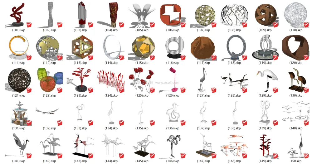 192个创意雕塑SU草图大师模型艺术小品中式石头石狮现代抽象雕塑丨SKP格式丨1.1G