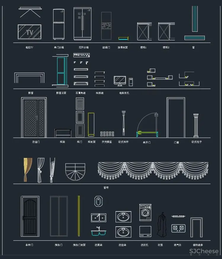 CAD动态图块图库合集丨平立面节点+字体填充家装家具工装室内设计素材