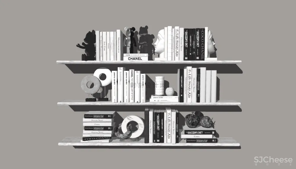 书籍书本摆件书墙SU模型组合丨报刊书本图书画册图册书房书柜书架现代中式摆件花瓶摆件装饰品组合丨23套丨2.1G