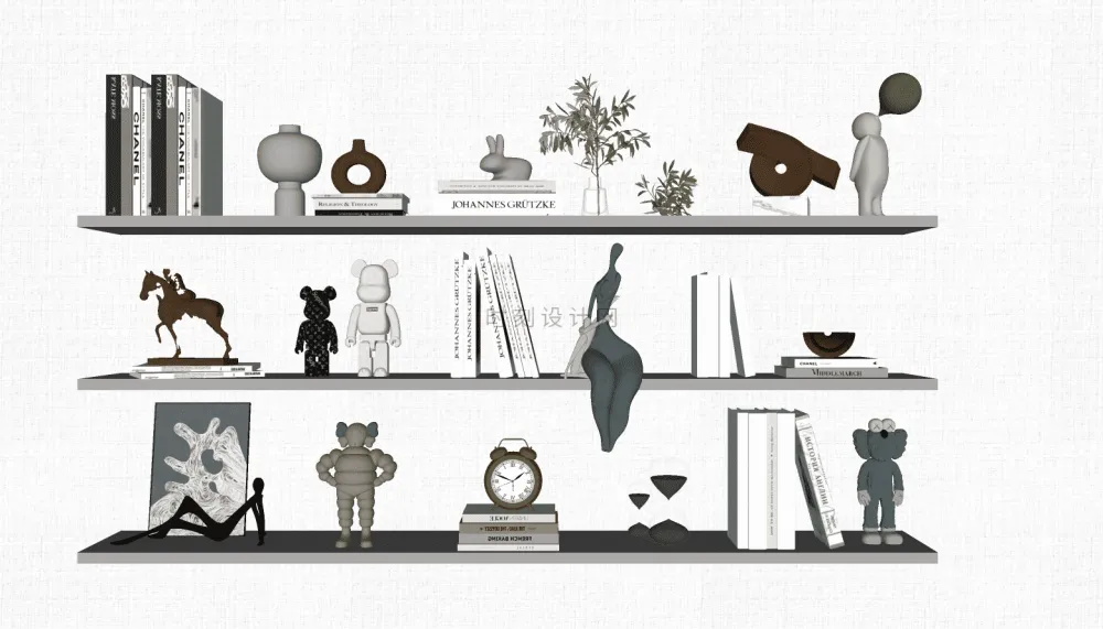 书籍书本摆件书墙SU模型组合丨报刊书本图书画册图册书房书柜书架现代中式摆件花瓶摆件装饰品组合丨23套丨2.1G