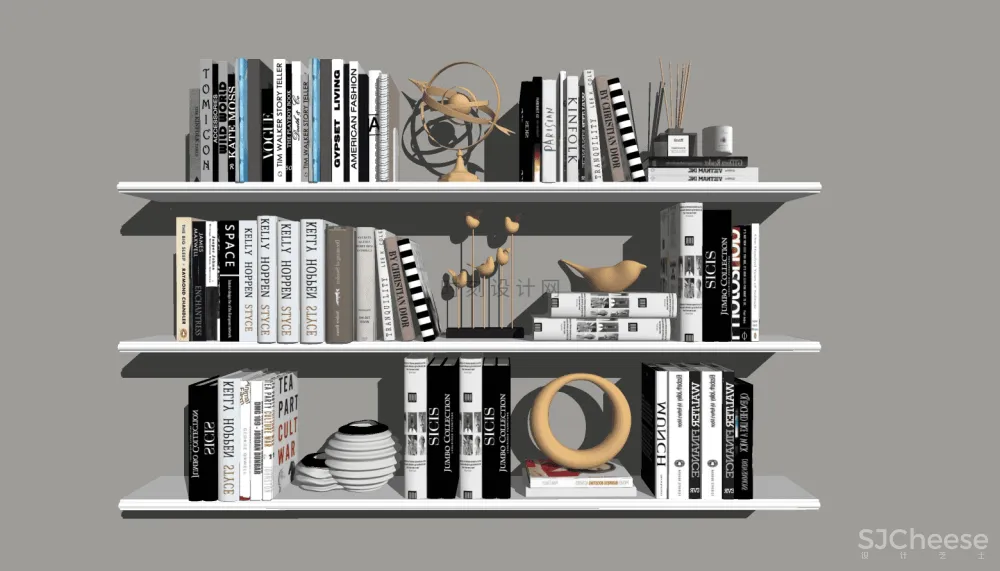 书籍书本摆件书墙SU模型组合丨报刊书本图书画册图册书房书柜书架现代中式摆件花瓶摆件装饰品组合丨23套丨2.1G