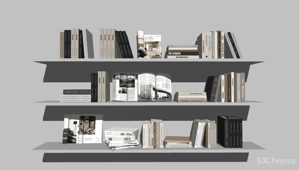 书籍书本摆件书墙SU模型组合丨报刊书本图书画册图册书房书柜书架现代中式摆件花瓶摆件装饰品组合丨23套丨2.1G