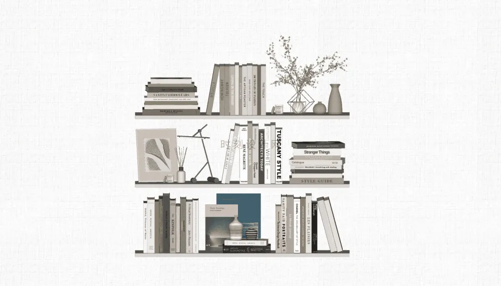 书籍书本摆件书墙SU模型组合丨报刊书本图书画册图册书房书柜书架现代中式摆件花瓶摆件装饰品组合丨23套丨2.1G