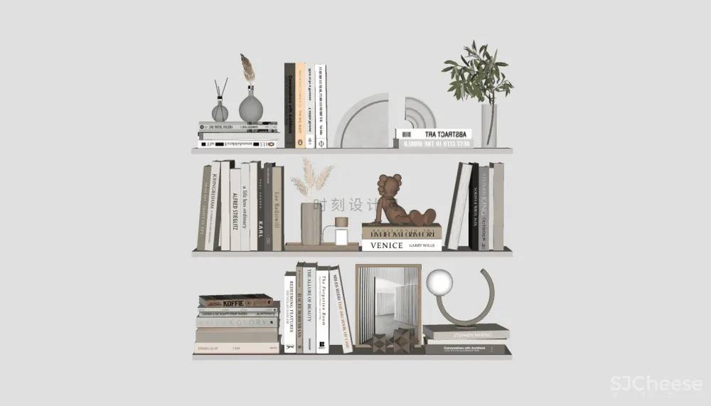 书籍书本摆件书墙SU模型组合丨报刊书本图书画册图册书房书柜书架现代中式摆件花瓶摆件装饰品组合丨23套丨2.1G