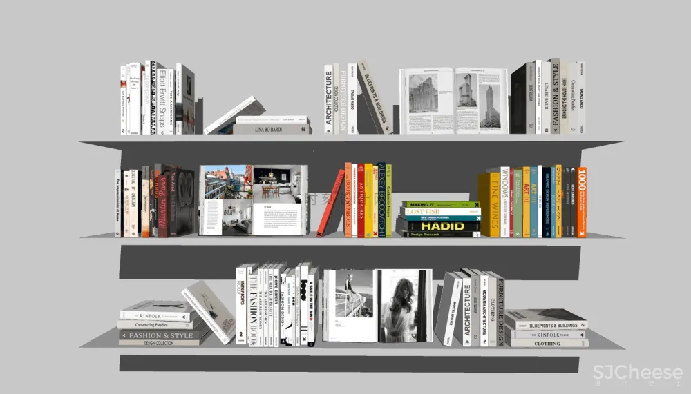 书籍书本摆件书墙SU模型组合丨报刊书本图书画册图册书房书柜书架现代中式摆件花瓶摆件装饰品组合丨23套丨2.1G