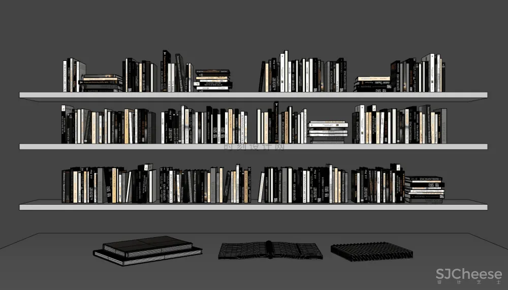 书籍书本摆件书墙SU模型组合丨报刊书本图书画册图册书房书柜书架现代中式摆件花瓶摆件装饰品组合丨23套丨2.1G