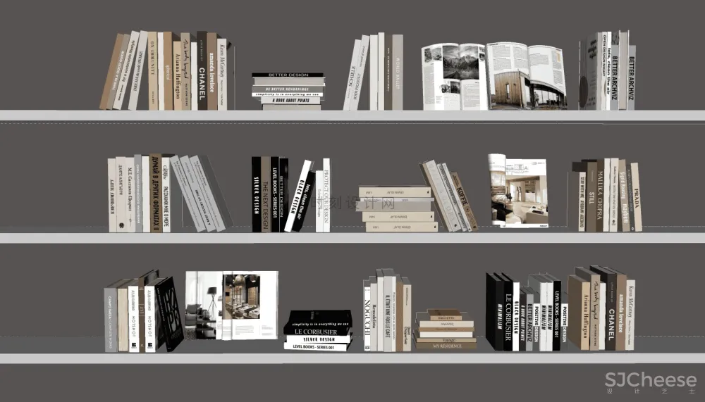 书籍书本摆件书墙SU模型组合丨报刊书本图书画册图册书房书柜书架现代中式摆件花瓶摆件装饰品组合丨23套丨2.1G