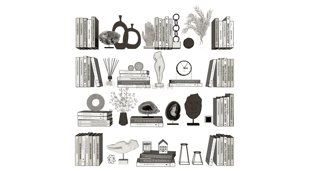 书籍书本摆件书墙SU模型组合丨报刊书本图书画册图册书房书柜书架现代中式摆件花瓶摆件装饰品组合丨23套丨2.1G