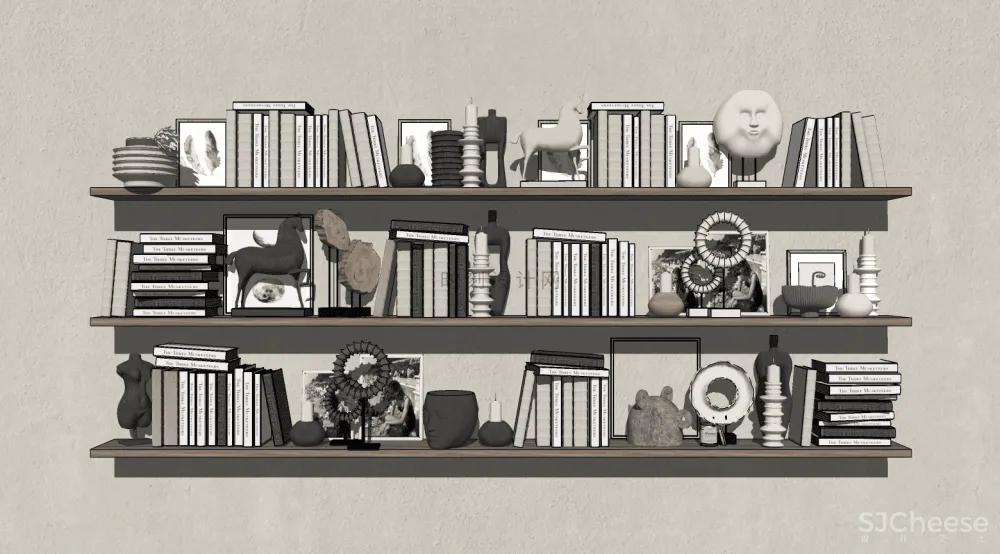 书籍书本摆件书墙SU模型组合丨报刊书本图书画册图册书房书柜书架现代中式摆件花瓶摆件装饰品组合丨23套丨2.1G