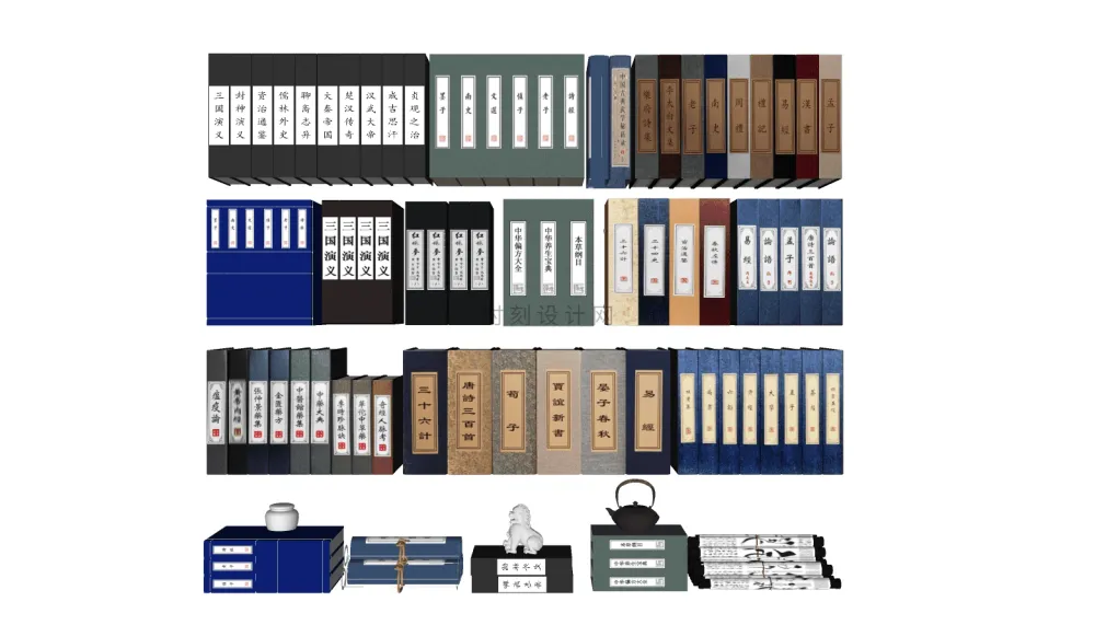 书籍书本摆件书墙SU模型组合丨报刊书本图书画册图册书房书柜书架现代中式摆件花瓶摆件装饰品组合丨23套丨2.1G