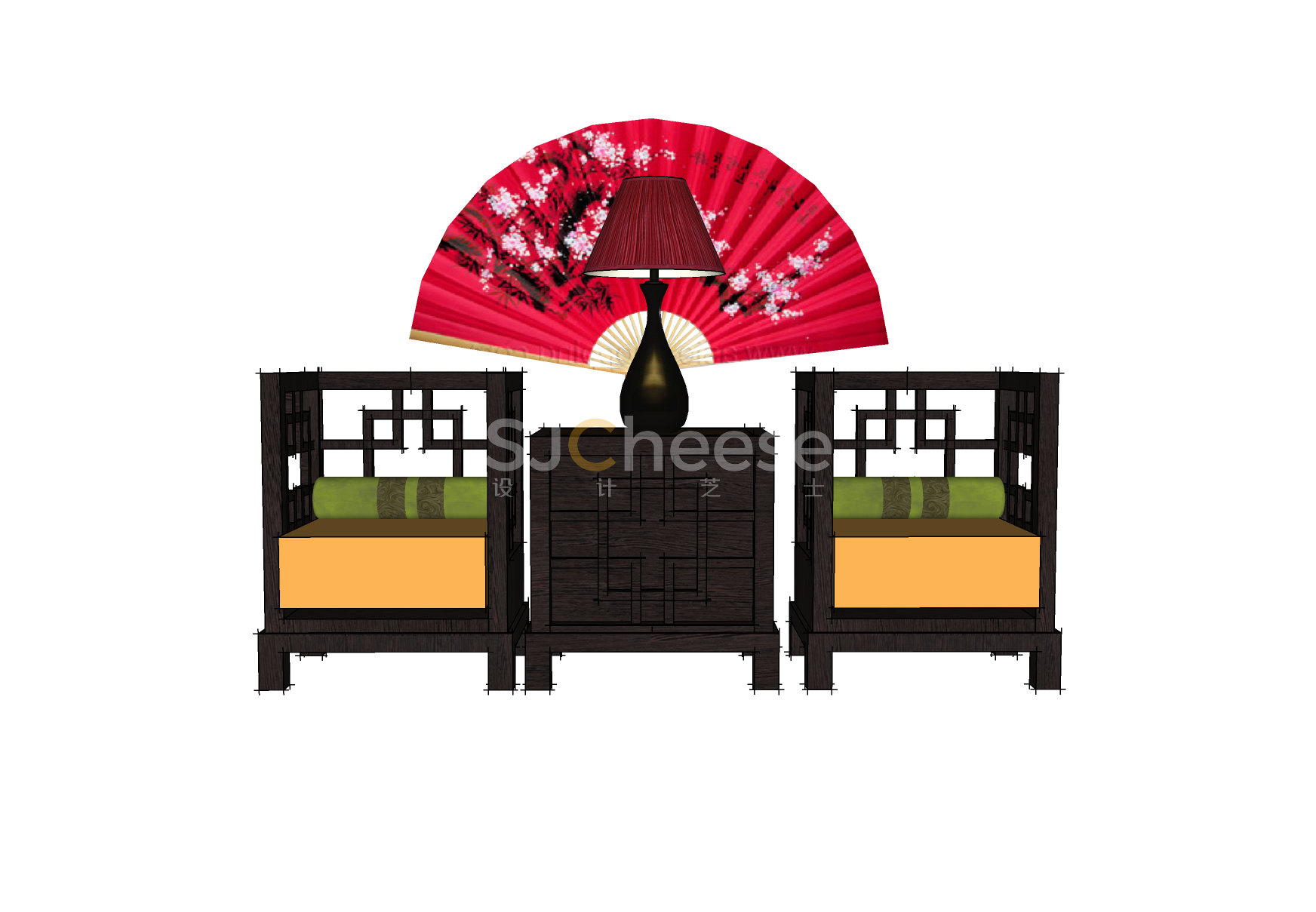 中式家具4套组合SU模型，含沙发、床、床头柜、茶几丨SKP格式丨12.5M