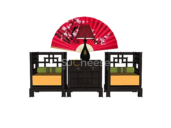 中式家具4套组合SU模型，含沙发、床、床头柜、茶几丨SKP格式丨12.5M