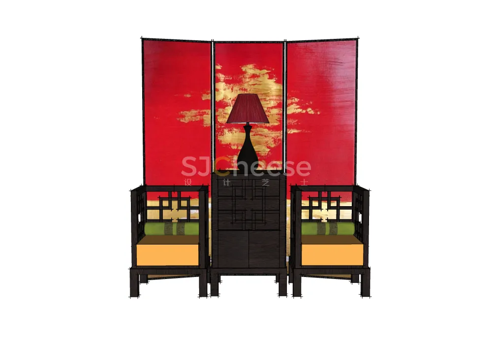 中式家具4套组合SU模型，含沙发、床、床头柜、茶几丨SKP格式丨12.5M