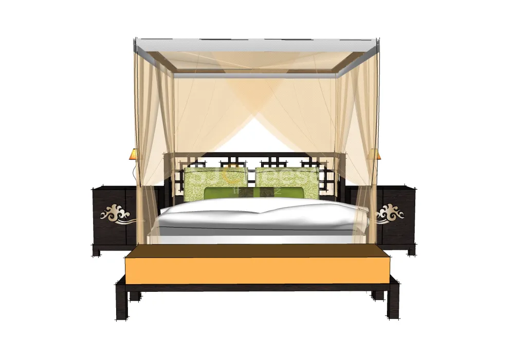 中式家具4套组合SU模型，含沙发、床、床头柜、茶几丨SKP格式丨12.5M