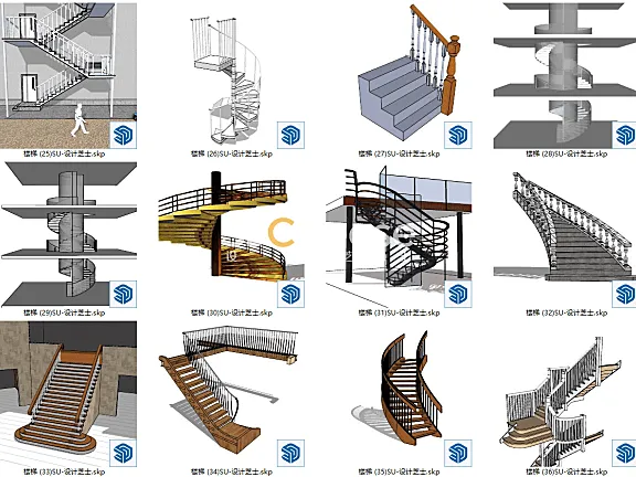 楼梯合集182个SU模型造型简约欧式现代楼梯旋转装修别墅楼梯丨SKP格式丨288M