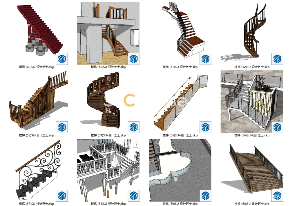 楼梯合集182个SU模型造型简约欧式现代楼梯旋转装修别墅楼梯丨SKP格式丨288M