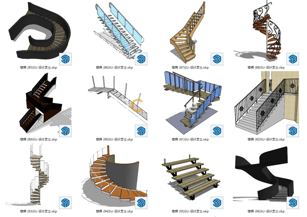楼梯合集182个SU模型造型简约欧式现代楼梯旋转装修别墅楼梯丨SKP格式丨288M