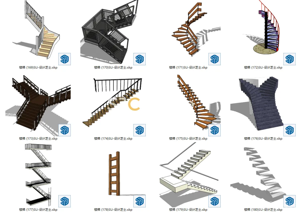 楼梯合集182个SU模型造型简约欧式现代楼梯旋转装修别墅楼梯丨SKP格式丨288M