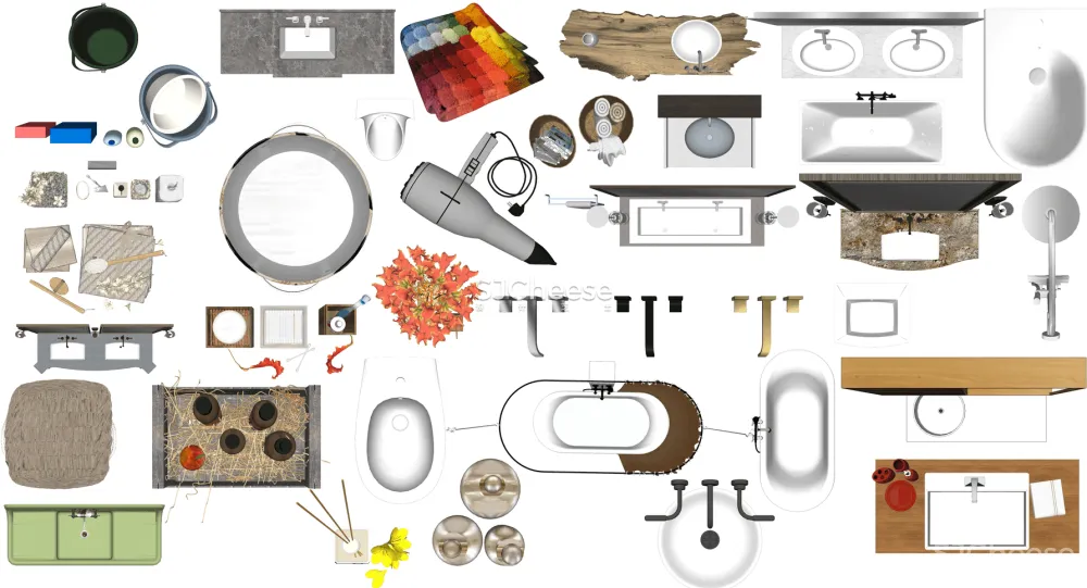 室内设计彩平彩立图PSD图块合集家具洁具沙发座椅床柜铺装厨卫电器丨14大类 3.2G